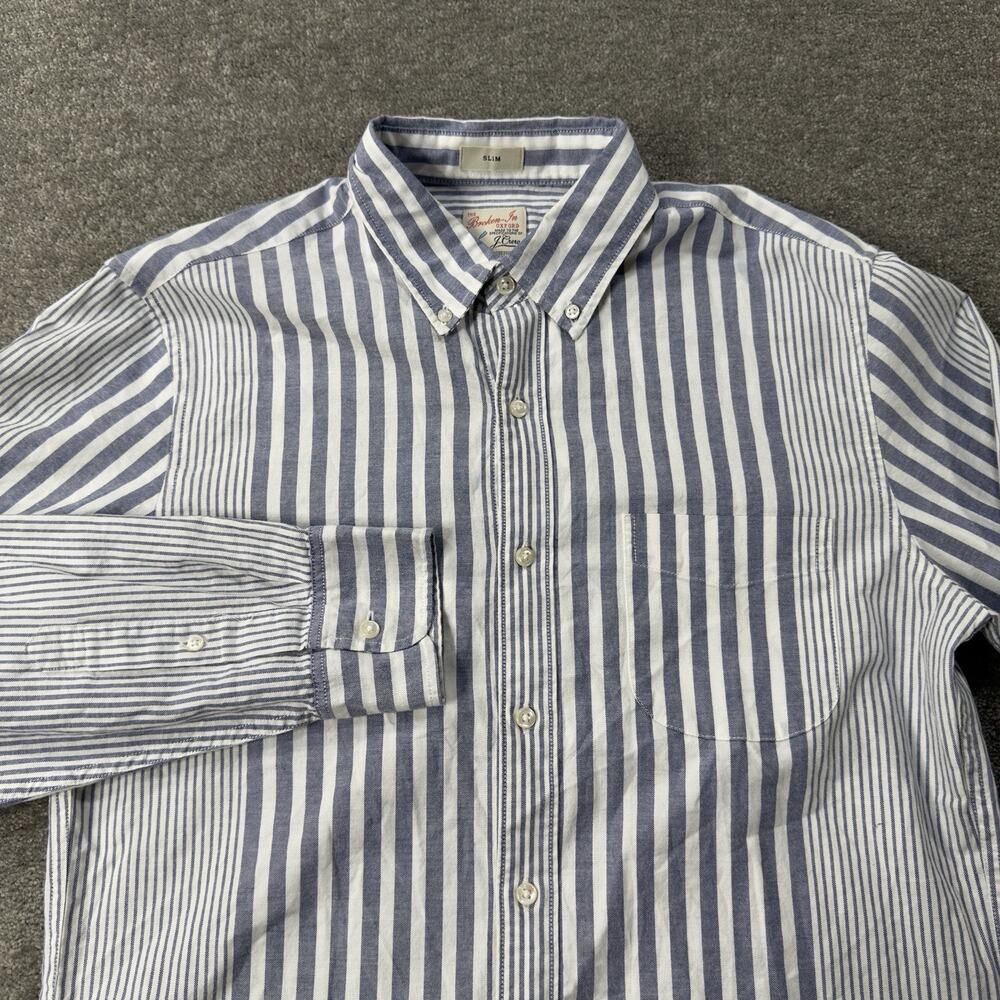 J Crew Mens M Broken In Oxford Slim Blue White Stripe Button Shirt Top Casual
